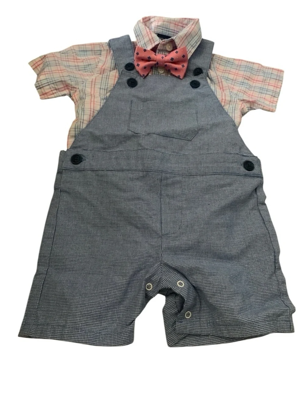 Nautica Kids Coral Bow Tie with Navy Accent and Blue Check Overalls Set